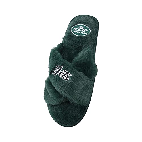 Image of FOCO Womens NFL Team Script Wordmark Fuzzy Cross Slide Slippers