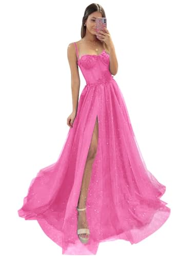 Damen Glitzer TüLl Ballkleider SpaghettiträGer Spitze Applikationen Formelle Abendkleider Hoher Schlitz Sweetheart Partykleid Hot Pink 10XL