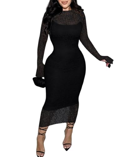 Womens Sexy Sheer Lace Dress Elegant Flare Long Sleeve Midi