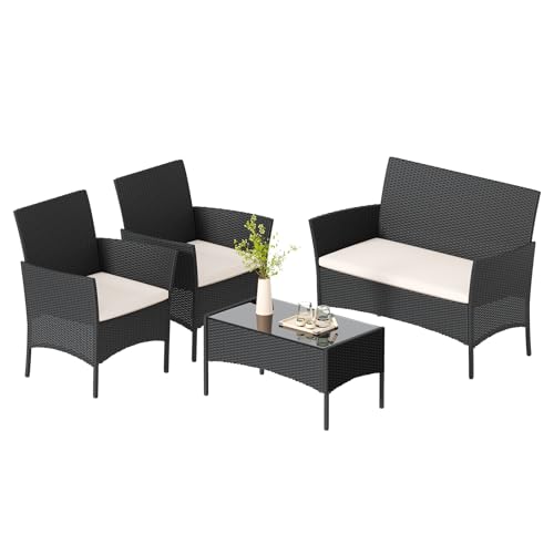 Bigzzia Juego de Muebles de Jardín de Ratán, 4 Piezas, Muebles de Ratán para Patio, Sofá de Tejido de Mimbre Incluye 2 Sillones, 1 Sofá de Doble Asiento y 1 Mesa
