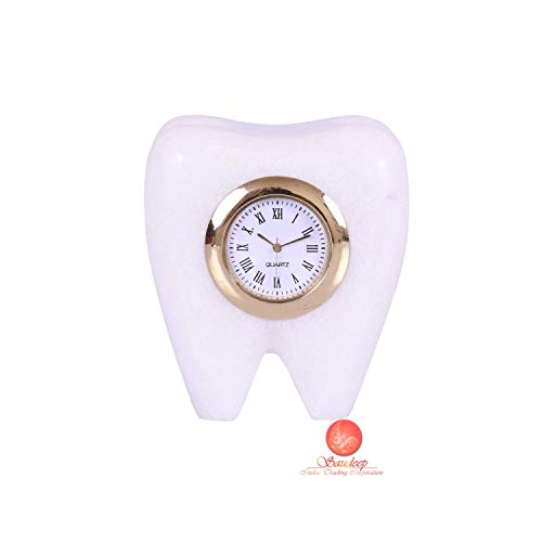SAUDEEP INDIA Tooth Shape Dentist Desk Marbel Table Clock for Decor and Paper Weight, Ideal Gift for Dentists and Doctors (Sangemarmar Marble Tooth Clock)