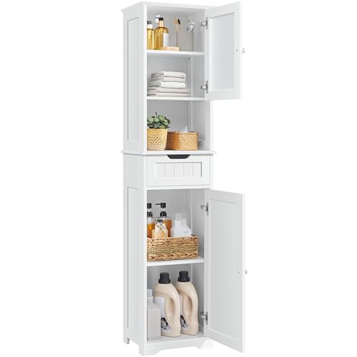 Yaheetech Tall Bathroom Storage Cabinet 67″, Wooden Floor Cabinet with Glass Door, Freestanding StorageOrganizer with Adjustable Shelves, 1 Drawer and Open Storage for Bathroom, Kitchen, Living Room