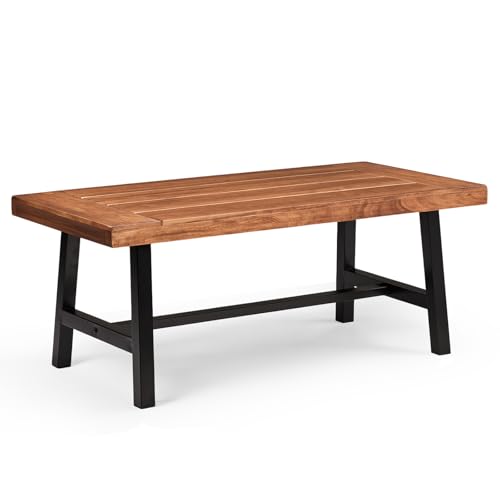 VINGLI Outdoor Wooden Coffee Table with Metal Frame - Heavy Duty 350lbs All-Weather Patio Table, Waterproof Solid Wood Top & Rust-Proof Steel Base for Balcony, Porch, Deck, Garden, Rectangle