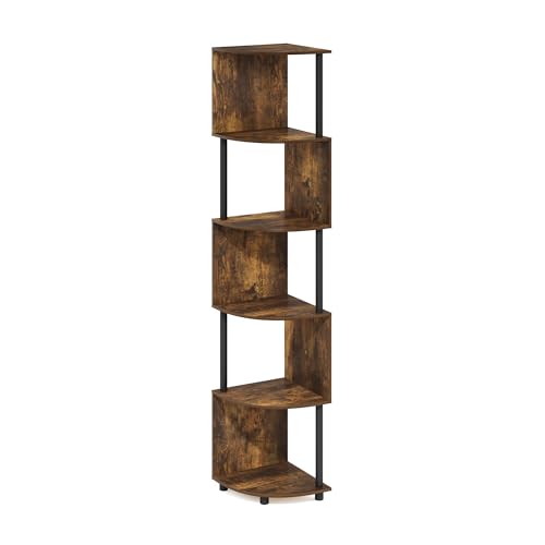 Image of Furinno ECON Corner Shelf, 5-Tier Corner Book Shelf, Zigzag Storage Shelves, Display Rack, Bookshelf, for Organization and Storage, Living Room, Home Office, Amber Pine
