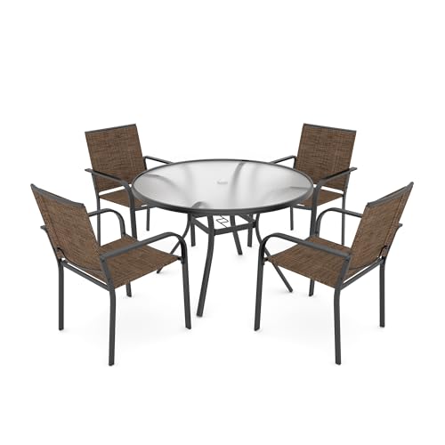 Image of Anmutig 5-Piece Outdoor Dining Set, 40-Inch Round Glass Table with 4 Stackable Chairs, Brown