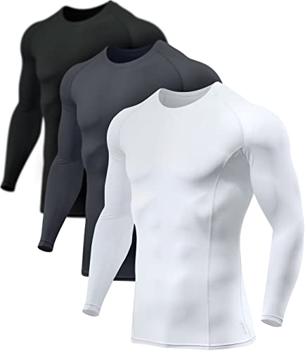 ATHLIO Mens UPF 50+ Long Sleeve Compression Shirts Water Sports Rash Guard Base Layer Athletic Workout Shirt 3pack Black/Charcoal/White Large