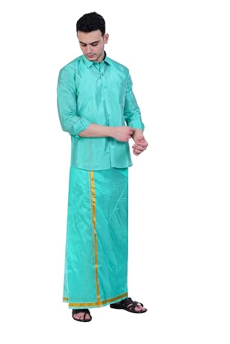 Image of PRAKASAM COTTON-Mens Art Silk Wedding Set /Art Silk 8 Mulam (8-Yard) Dhoti and Stitched Shirt for mens