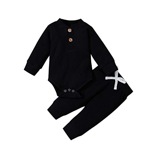 Image of One opening Toddler Baby Boy Girl Clothes Outfits Ribbed Long Sleeve Pullover Sweatshirts Pants Newborn Girl Outfit Set