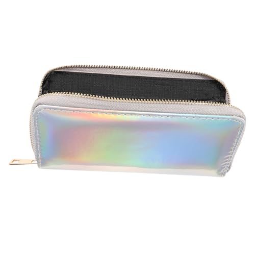 Iridescent Long Wallet for Women Silver Metallic Clutch Purse with Zippered Pocket for Coins Credit Cards and Cellphone Stylish Female Clutch Bag for Everyday Use