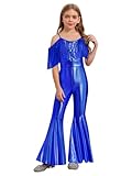 YONGHS Girls Shiny Metallic Flared Jumpsuit Sequins Fringe Tassel Romper Disco Dance Performance Outfit Royal Blue 10 Years