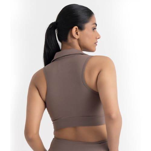 Image of HUNNIT 2 in 1 Sports Bra Crop Top - women's Polo Neck and Racerback styles with Medium Coverage, Lightly Padded, Stretchy Sports Bra perfect for Gym Workout and Sweat Wicking Fabric