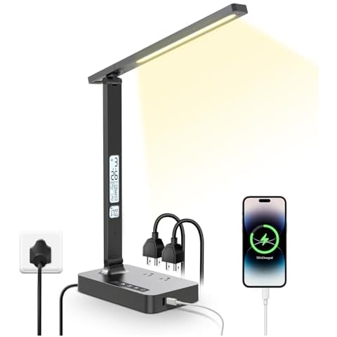 Power Strip with USB Ports Lamp : 2 Outlets 1 USB-A Ports 1 Type-C Ports, Desk Lamp for Home Office with Surge Protection, Dorm Room Essentials, 5ft Extension Cord (Black) Cover