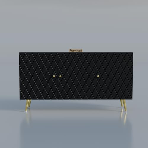 Image of Wooden Sideboard Cabinet for Living Room & Bedroom | Geometric Design Side Board Crockery Cabinet with 3 Doors Storage for Home | HDMR Premium Wood | Golden Metal Legs (Black)