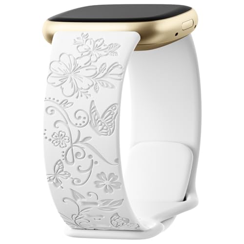 Getino Engraved Band Compatible with Fitbit Versa 4 & Sense 2, Soft Floral Pattern Sport Accessories for Women, White