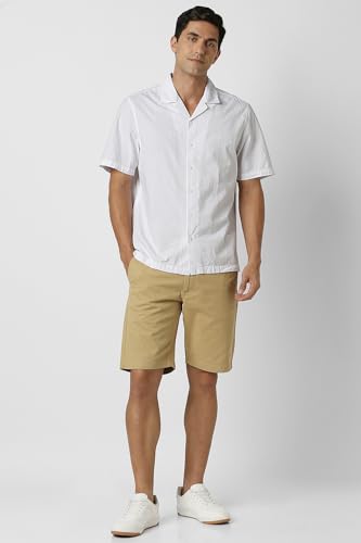 Image of Peter England Men's Casual Half Sleeve Resort Collar Shirt in 100% Cotton Seersucker with Striped Design