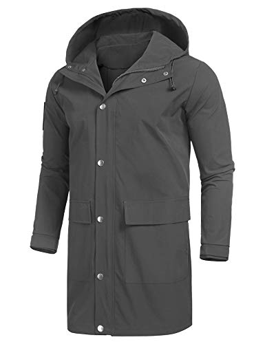 URRU Men's Waterproof Rain Jacket Long Raincoat for Men Grey L
