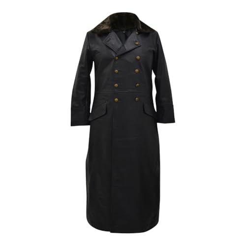 World War 2 Leather German Coat - Waffen Elite Officers Military Uniform Coat - WW2 Fur Collar Black Long Trench Leather Coat