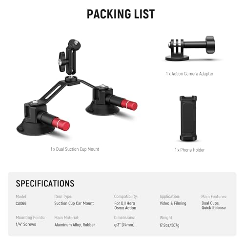 Image of NEEWER Dual Suction Cup Car Mount Kit with 360 Ball Head Magic Arm, Quick Release Air Pump Vacuum Camera Mount with Phone Holder & Action Camera Adapter Compatible with GoPro Insta360 DJI OSMO, CA066