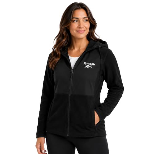 Reebok Casaco feminino de fleece - Agasalho leve e super macio com forro de lĂŁ polar - Casacos de inverno com capuz e zĂper para mulheres, Preto Jet, M