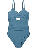WIQI Bathing Suit for Girls Size 12-14 Swimsuit One-Piece Twist Front Cutout Adjustable Straps Ruched Teen Girls' Swimwear Cute Swimsuits Grey Blue