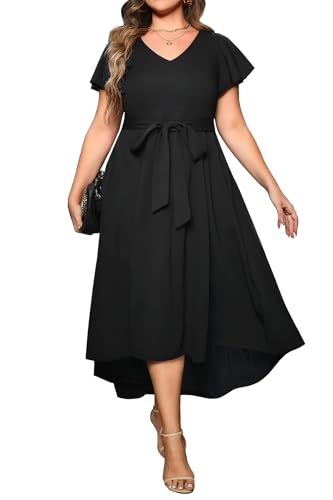 Pinup Fashion Plus Size Wedding Guest Dress Formal - Flutter Sleeve Cocktail Party High Low Dresses with Pockets