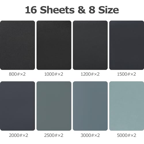 Schleifpapier Set, Schmirgelpapier Fein 5000 3000 2500 2000 1500 1200 1000 800 Nass und Trocken Sandpaper für Auto, Holzmöbel, Metall, Stein, Lack, Glas, 23 x 28 cm (16 Stück）