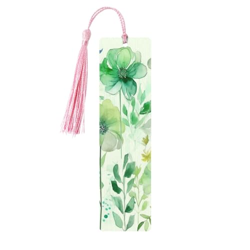 しおり 木製しおり 穴とタッセル付き 木製タグ 水彩 緑の花 木製 クラフト しおり ヴィンテージ しおり オーナメント 木製ブックマーク 女性用 男性 本好きの方 ギフト ピンク