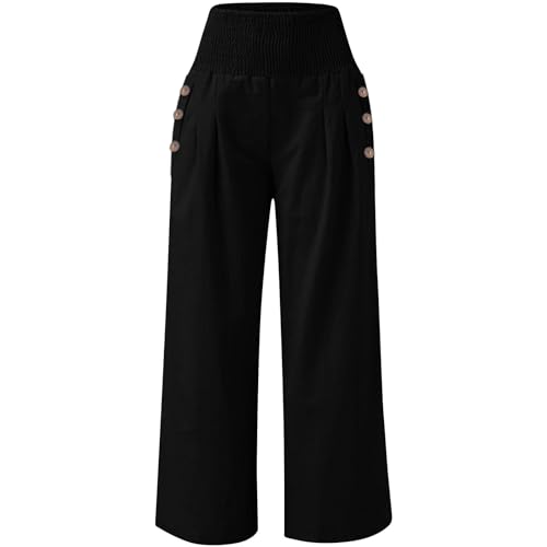 Linen Palazzo Pants for Women Casual Smocked Elastic High Waisted Wide Leg Pants Oversize Lounge Pants with Pockets3
