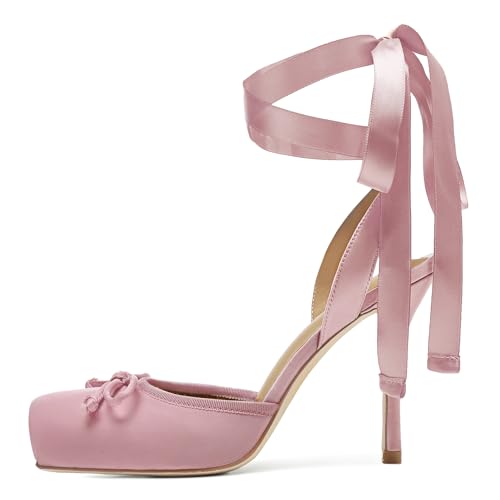 Image of Riekhany Satin Ballet Heels for Women Closed Square Toe Bow Ballerina Heels Lace Up High Heel Slingback Pumps Strappy Stiletto Mary Janes Elegant Party Shoes