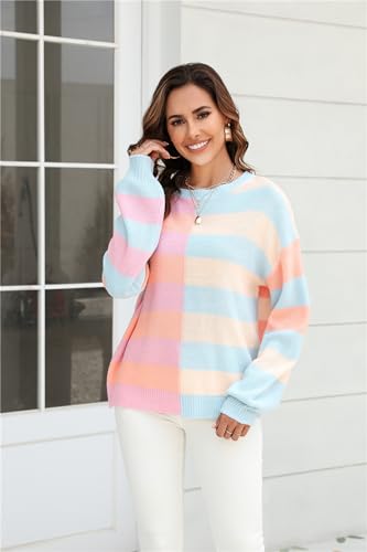 Womens Autumn Winter Warm Comfortable Pullovers Casual Fashion Ladies Stripe Color Collision Crew Neck Knit Sweater2