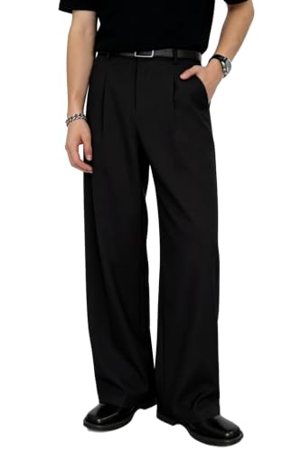 Heyfanee Baggy Dress Pants Men Black Wide Leg Pleated Dress Casual Pants for Men Old Money 32