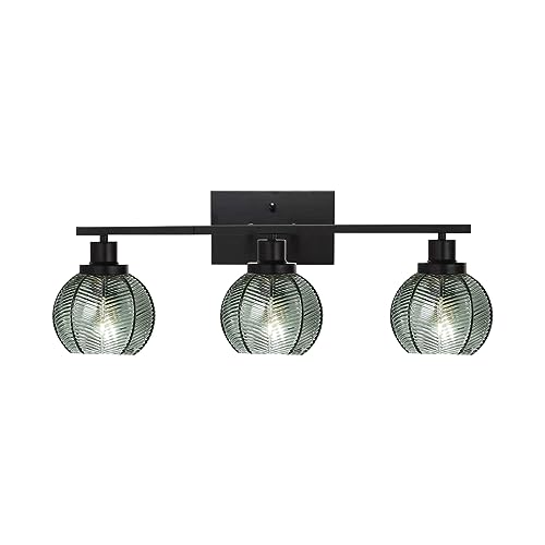 Image of 3-Light Bathroom Light Fixture Green Wall Lights with Ribbed Glass Shade Black Vanity Light Over Mirror Mid Century Wall Sconce for Bedside Bedroom Living Room
