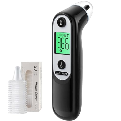 Highly Accurate Ear Thermometer, Digital Ear Thermometer for Kids and Adults, Memory Recall, Fever Alarm and 21 Disposable Probe Covers (LCD-DeepBlack)