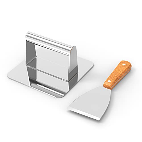 idrlink Smash Burger Press with Spatula, 5.5'' Stainless Steel Burger Press, Grill Press for Flat Top Griddle, Bacon Press Accessories for Outdoor Grill - Square