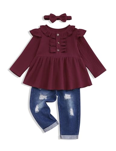 Image of Toddler Girl Clothes Long Sleeve Ruffle Dress Top and Jeans Pants Toddler Girl Fall Outfits