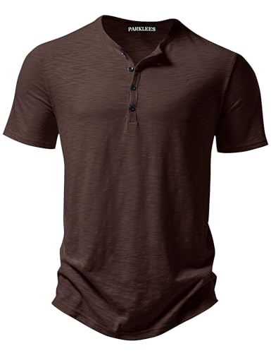 PARKLEES Men's Casual Short Sleeve Henley Shirt Brown XL