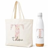 Gifters | Pack Bolsa y Botella Personalizadas con Inicial y Nombre | Flores Liberty | Tote Bag Algodón + Botella Acero Inoxidable 750 ml | Regalo Original Mujer, Amiga, Madre, Navidad, Cumpleaños