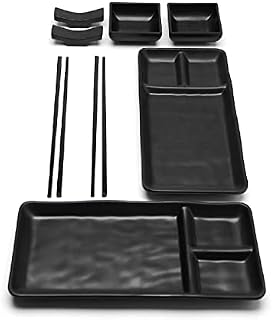 Goliber 8 Piece Japanese Style Sushi Plate Set - Includes 2 Sushi Plates and Soy Sauce Bowls, 2 Chopsticks, 2 Chopstick Holders Sushi Set for 2 Sushi Kit - Sushi Tableware Set -Melamine Sushi Dishes