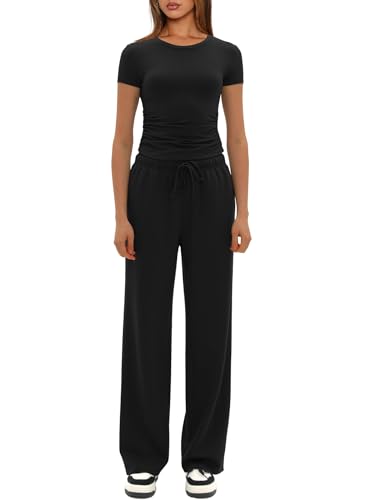 Darong Women's 2 Piece Outfits Casual Short Sleeve Pullover Tops and Wide Leg Pants Tracksuits Lounge Sets Trendy Clothes4