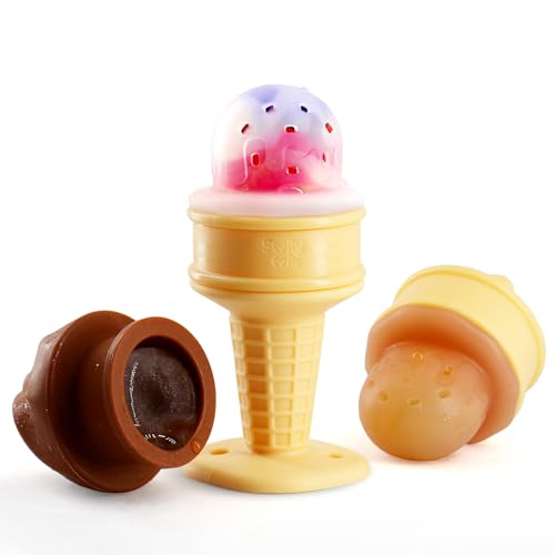 Image of Smily Mia Baby Fruit Food Feeder & Freezer Teether Combo, ICY Bite Ice Cream Teether for Baby Cooling Relief, BPA Free Silicone Feeder for Safe Infant Self Feeding,3 Month+,Choclate Brown