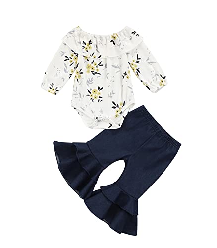 Image of VISGOGO Baby Bell Bottoms Toddler Newborn Girl Outfits Fall Winter 3 6 9 12 18 Months Floral Print Flare Pants For Girls (White, 3-6 Months)