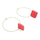 Créoles dorées de 3cm de diamètre avec pendentif rouge carré, acier inoxydable, waterproof