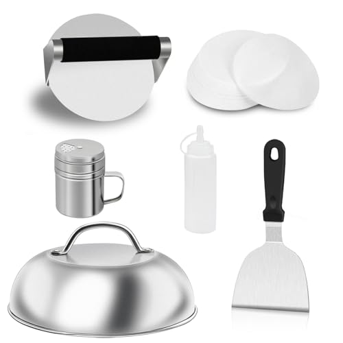Qcdou Smashed Burger Kit 6 PCS Burger Smasher Press Set Burger Smasher Metal Spatula Cheese Melting Dome 100 PCS Wax Patty Papers Squeeze Bottles Barbecue Cooking Griddle Accessories Kit