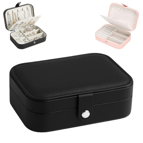 Porta Joias Organizadora Bijuterias Portátil para Viagem Caixa Maleta Estojo Organização Aneis Prata Ouro Acessórios Brincos com Botão Couro PU com Divisórias (Preto)