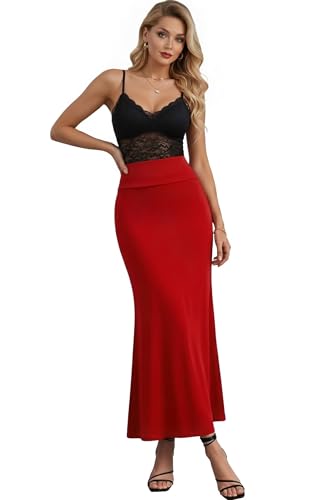Hybrid & Company Women's Stretch Lightweight Flowy Maxi Skirt – Casual Fold Over Waist, Made in USA KSK3097 M Red
