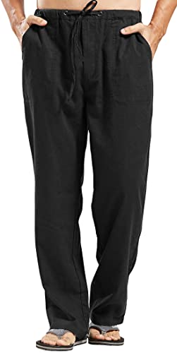 chouyatou Men's Ethnic Stylish Drawstring Elastic Waist Loose Fit Baggy Stripe Linen Harem Beach Pants