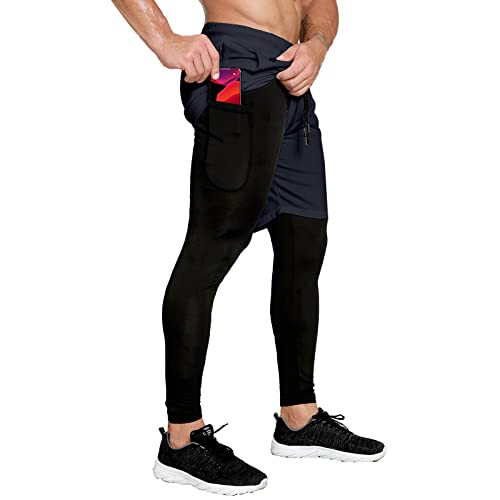 OEBLD Pantalones de compresión para hombre, 2 en 1, pantalones de entrenamiento, gimnasio, con lazo para toalla, Azul marino, Medium