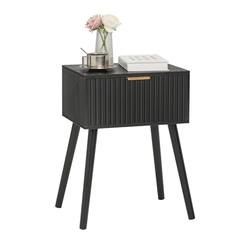 AWASEN Black Nightstand, Small End Tables Living Room, Accent Bedside Table with Fluted Drawer for Bedroom and Small Space, Black