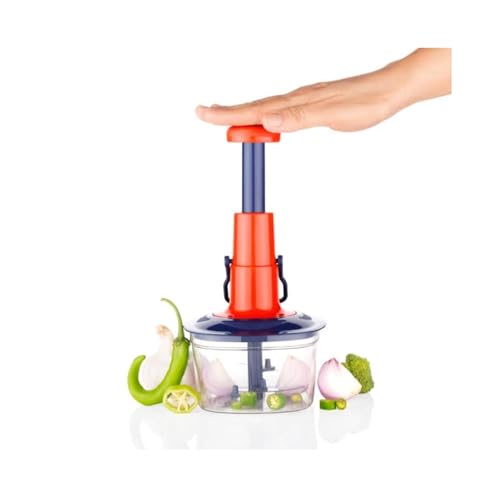 Image of Push Chopper Manual Vegetable Chopper with 3 Stainless Steel Blades, Multipurpose Kitchen Cutter for Onion, Tomato, Potato, Dry Fruit, Salad (Red,650ML)
