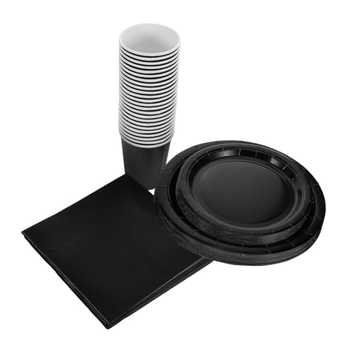 Zynphancer 使い捨てパーティー食器セット 黒 ? テーマカラー対応ナプキン付き 汎用デザイン 軽量素材で簡単設営と後片付け